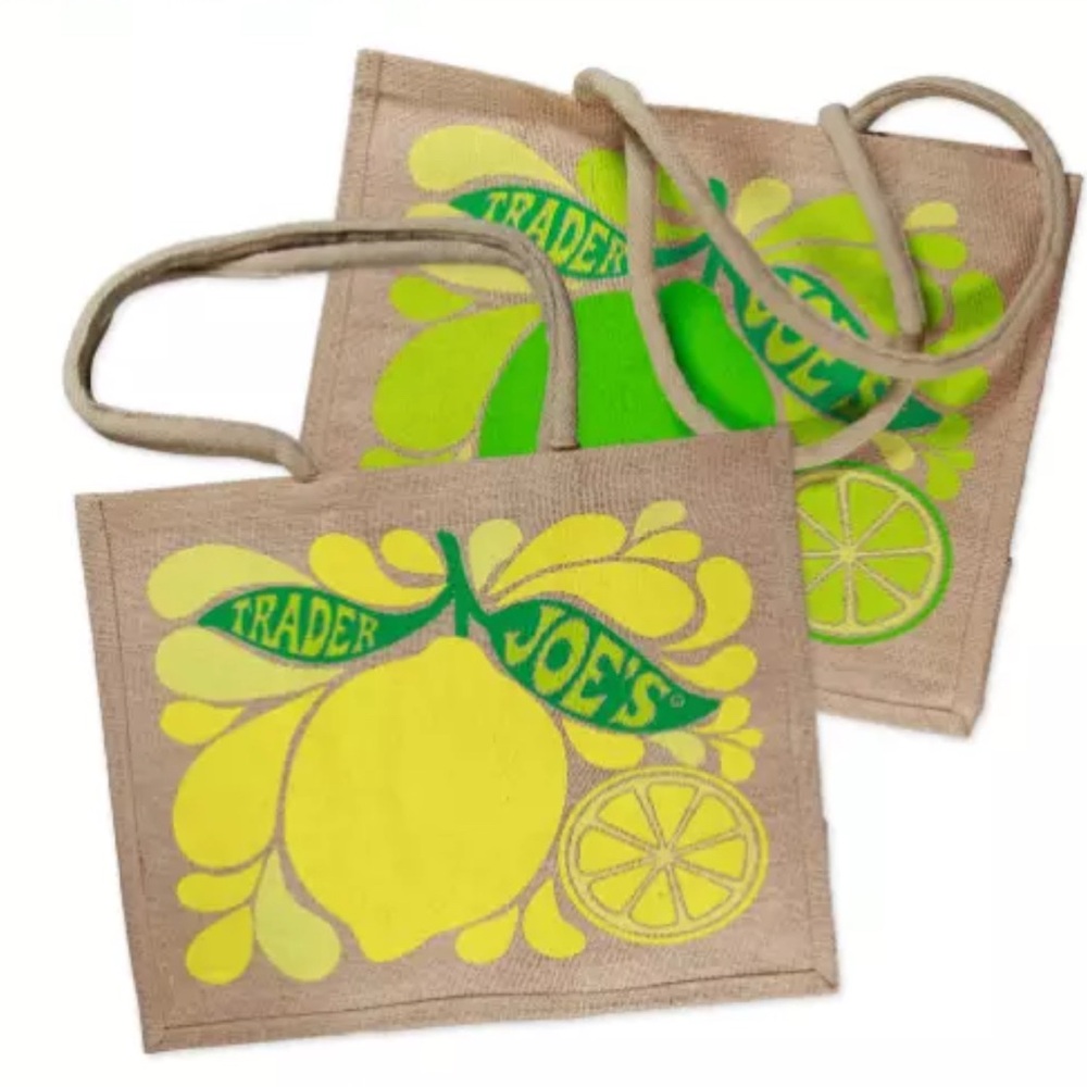 Trader Joe’s Citrus Jute Tote Bag Lemon & Lime 9 Gallon Cotton Handle New W/ Tag